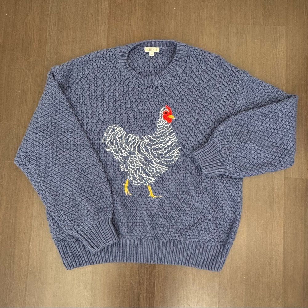 MOLLY YEH Blue Sweater with Chicken Embroidery XL